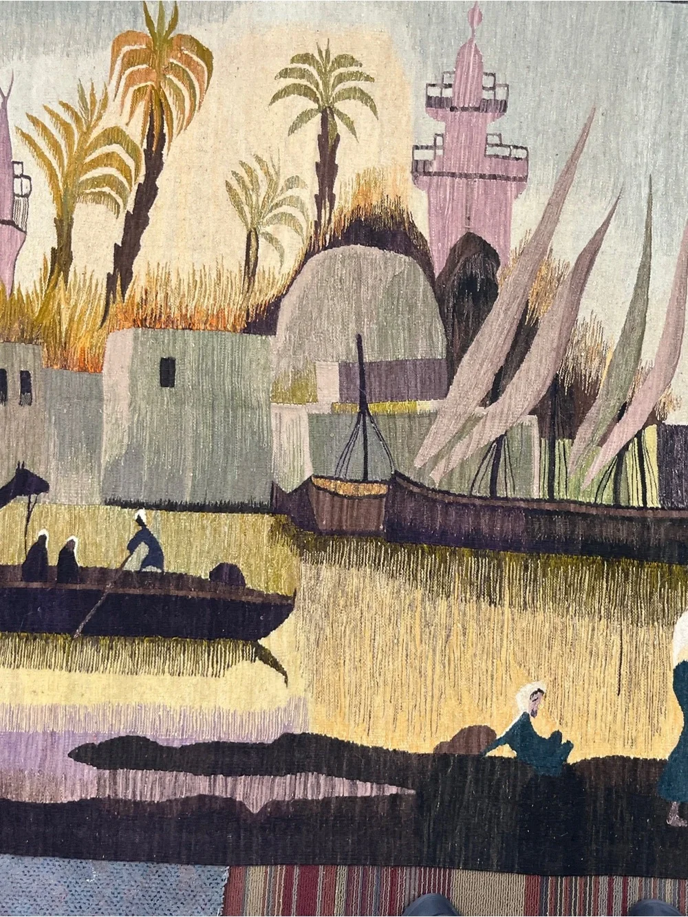 Handwoven Scenic Tapestry Wall Decor in Pastel Greens and Pinks 58x82”